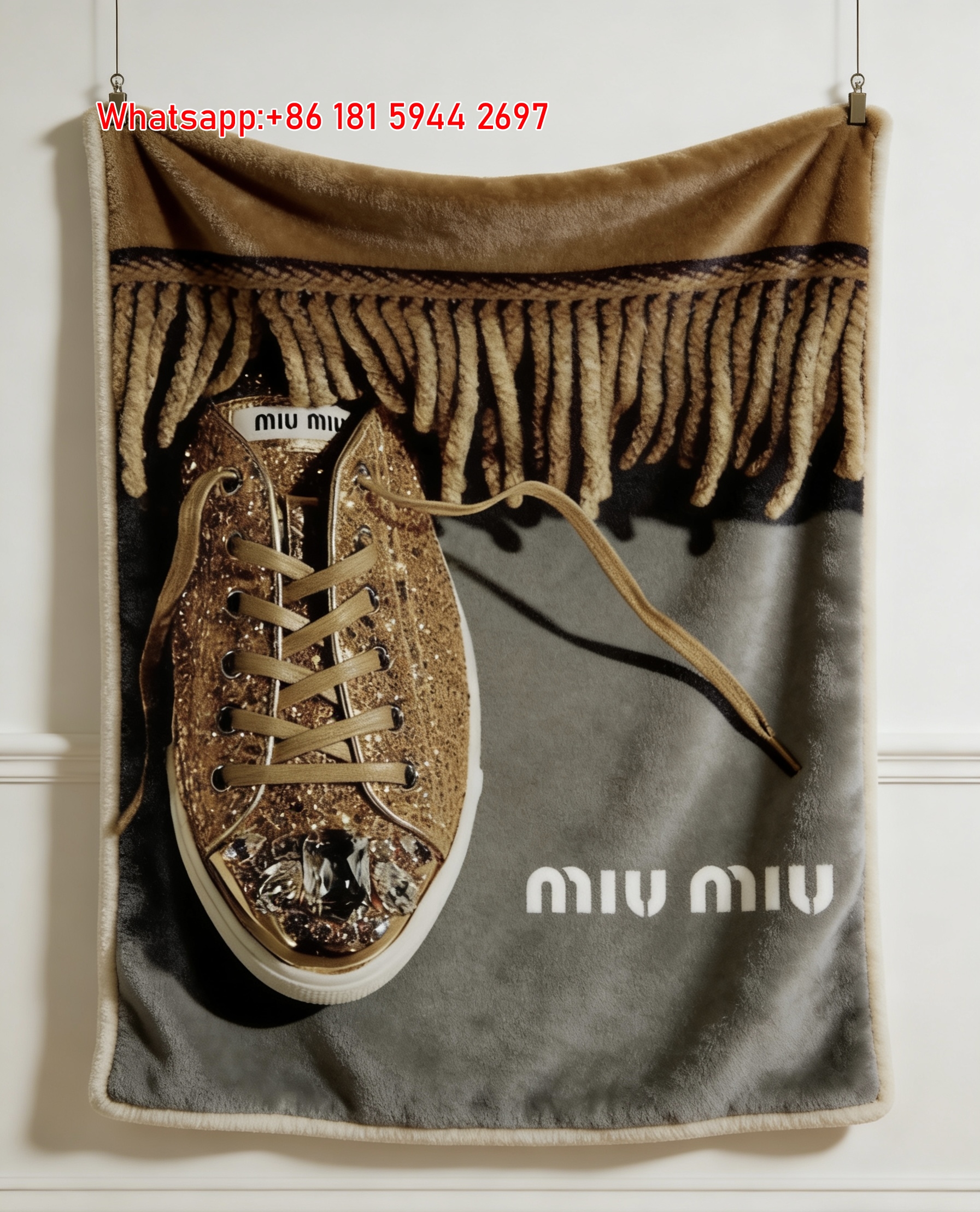 Miu Miu Gold Glitter Sneaker Print Flannel Throw Blanket IMG_0397